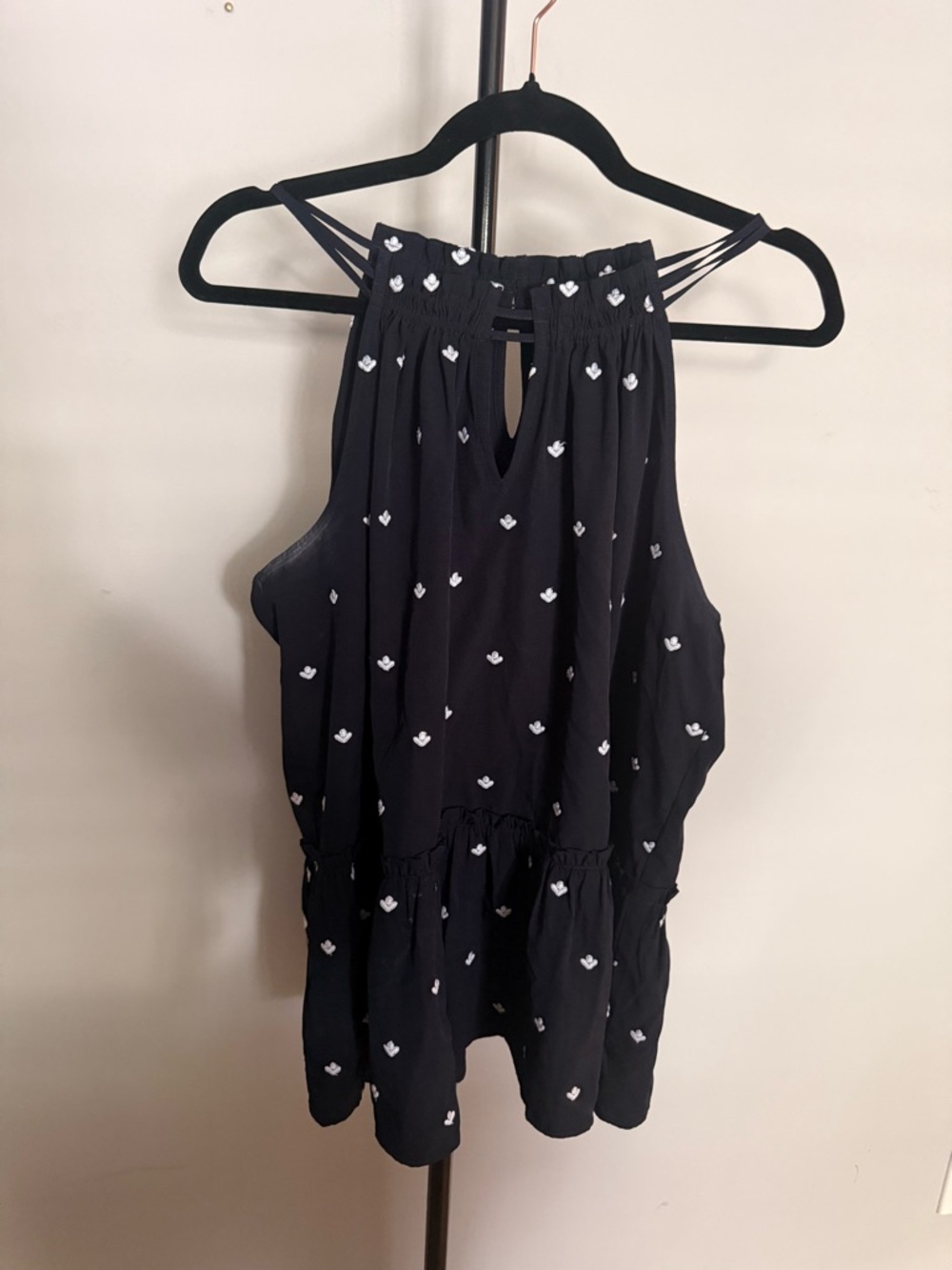 Loft Black Sleeveless Ruffle Hem Tank with White Heart Dot Print